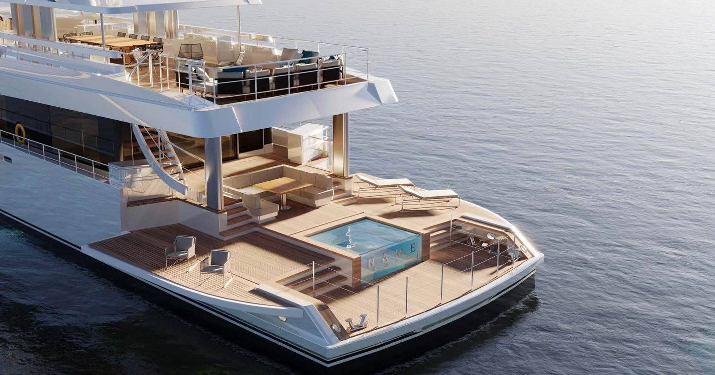Rendering of 50m Feadship superyacht Graycliffs stern with infinity pool and alfresco dining 