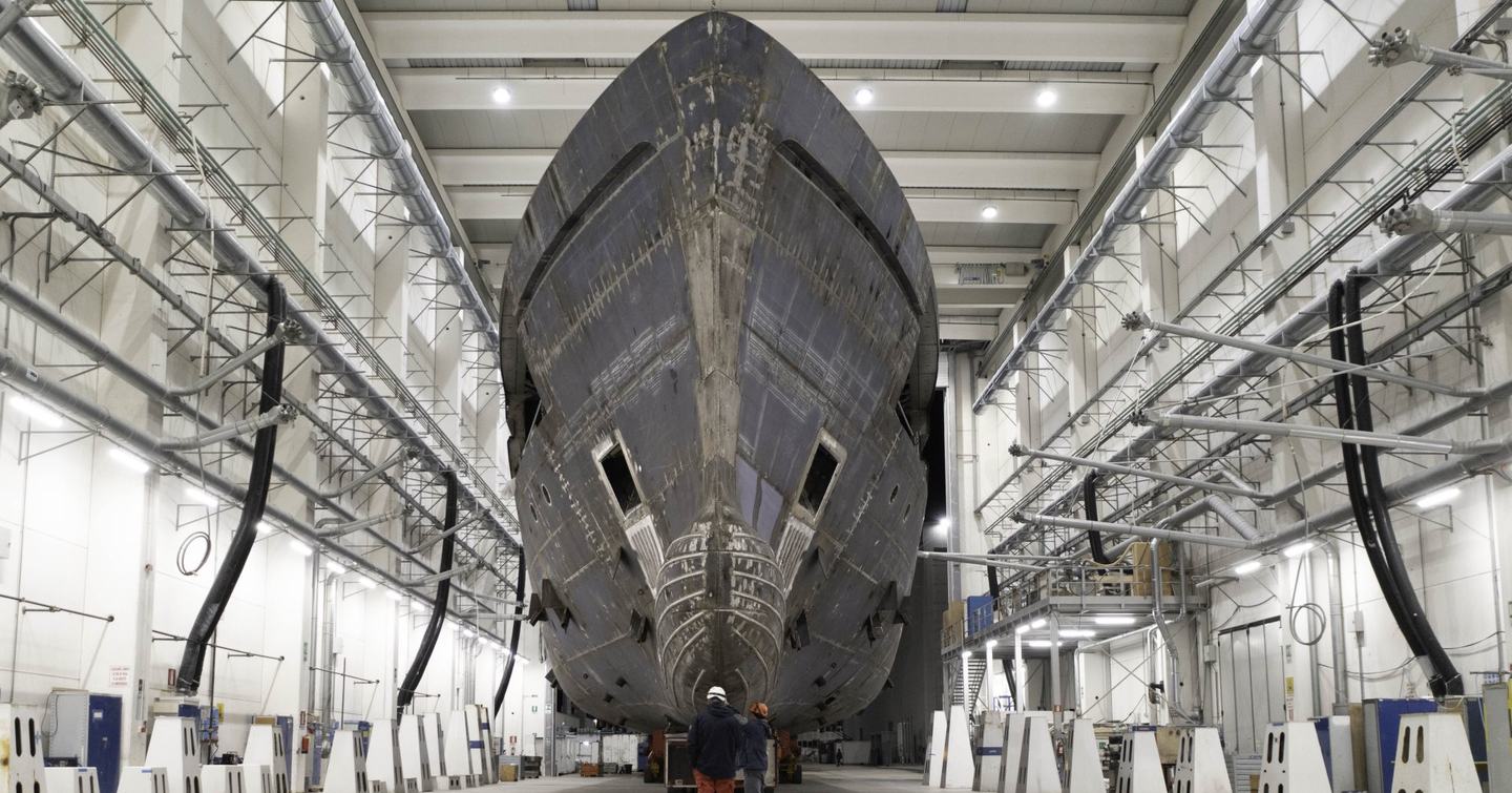 Steel hull of CRN superyacht in custruction in Italy