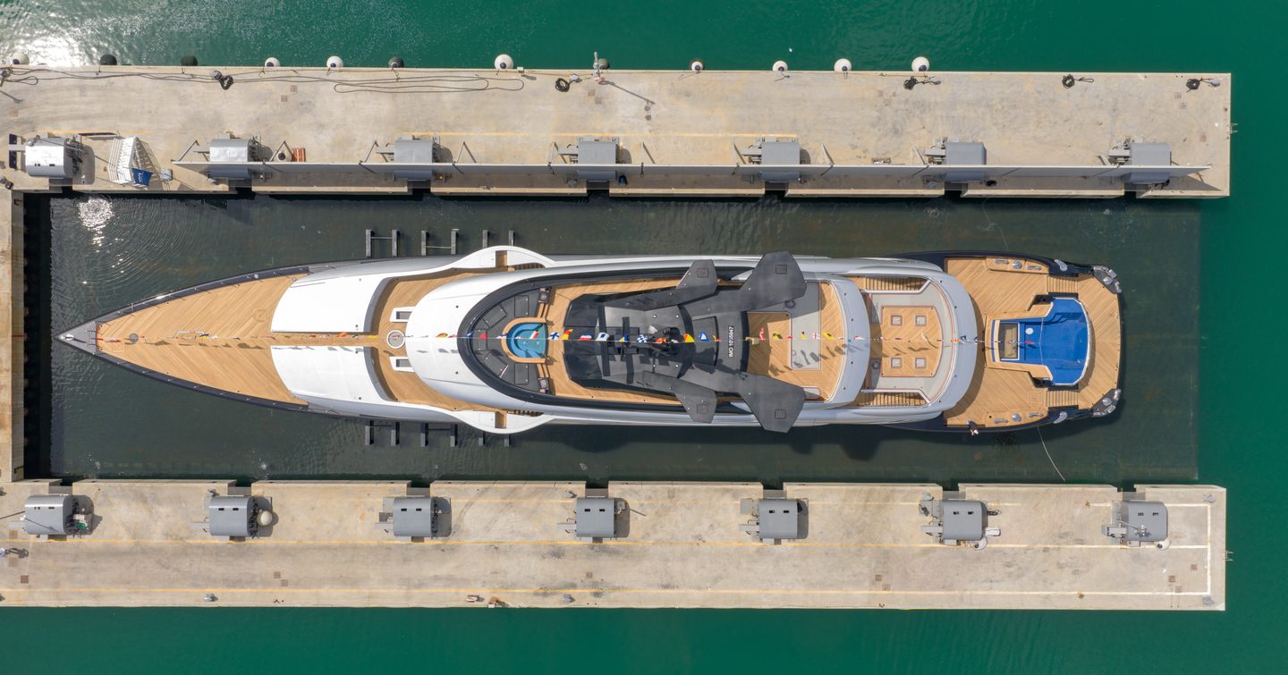 Aerial view of ISA Gran Turismo 67m Superyacht Sea Raider X at launch