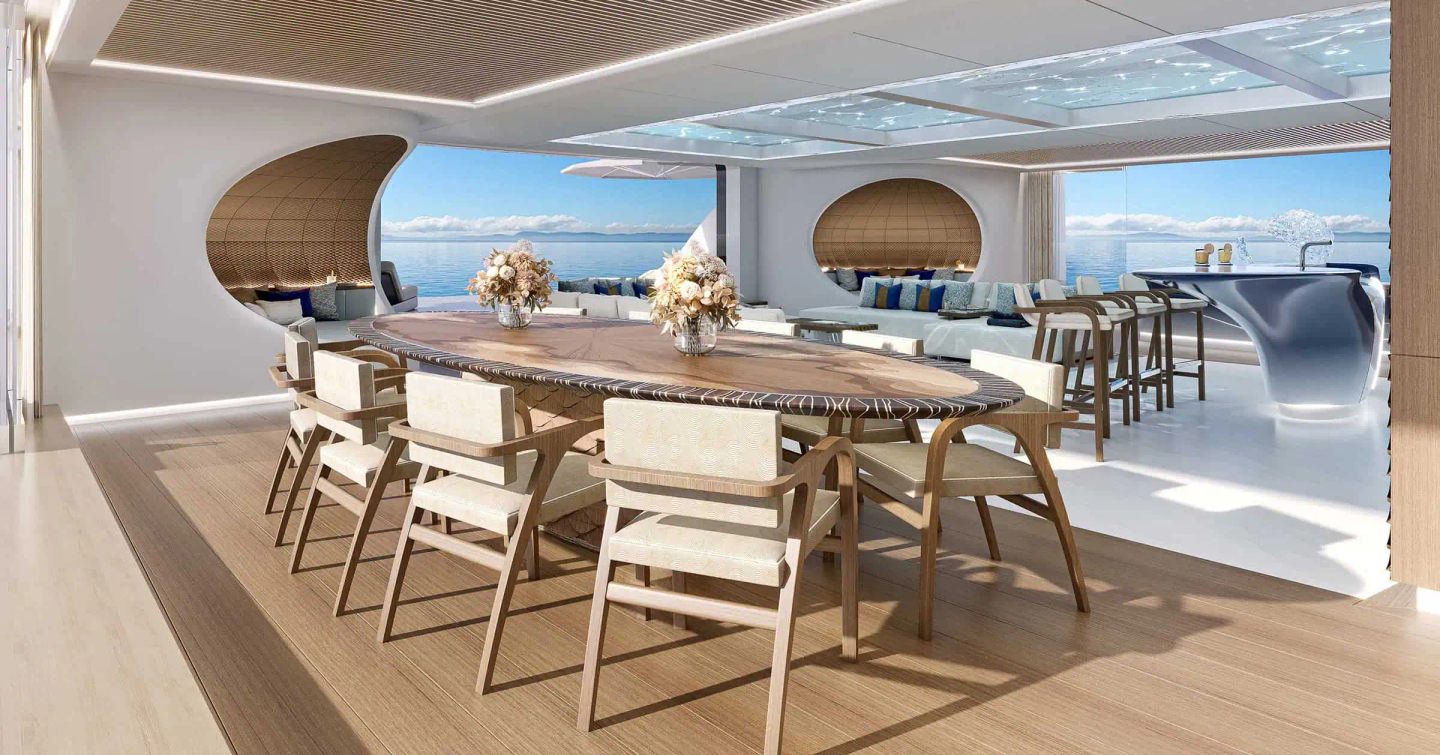 Rendering of superyacht Project Life beach club dining area