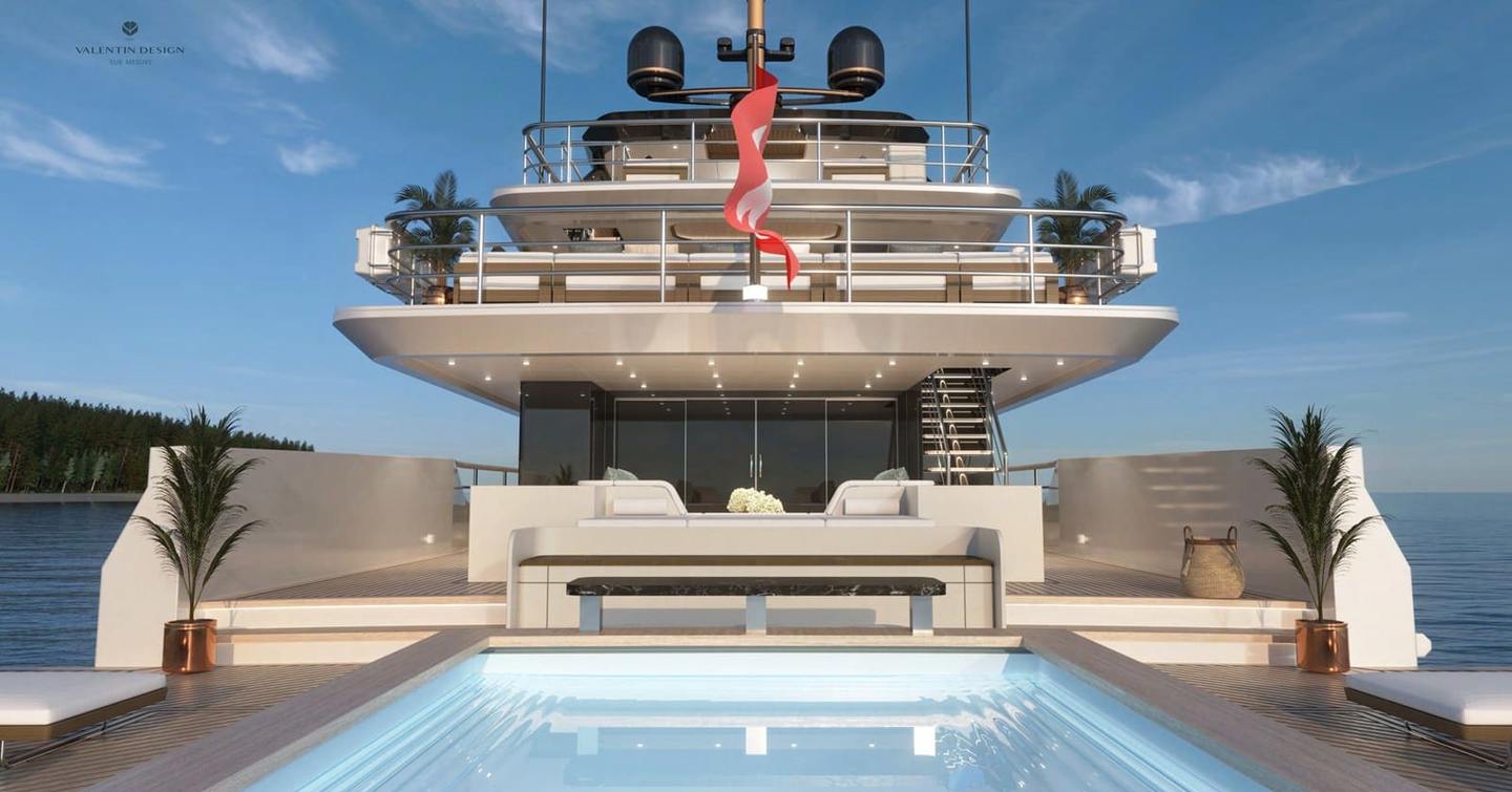 Rendering of Bering 165 explorer yacht aft deck infinity pool 