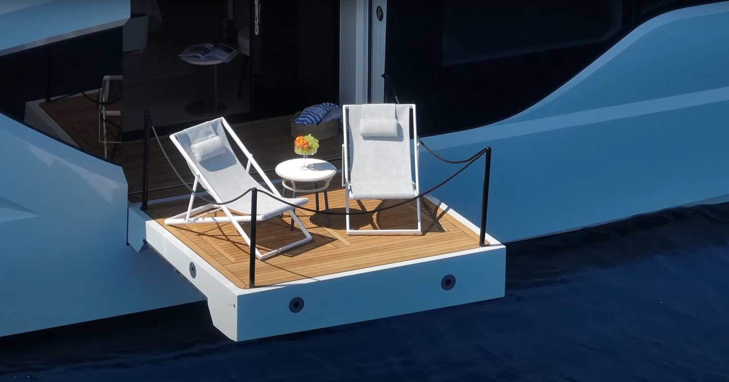 Lazzara LPC 300 Power Catamaran master cabin fold out balcony 