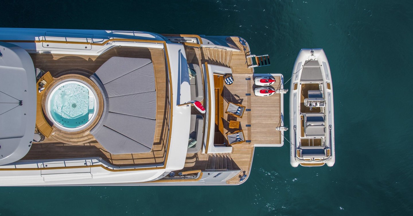 Aerial view of Superyacht Delta One's stern
