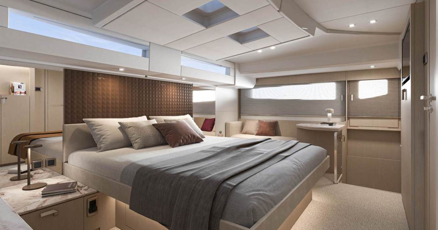 Prestige M6 catamaran master cabin with sofa 