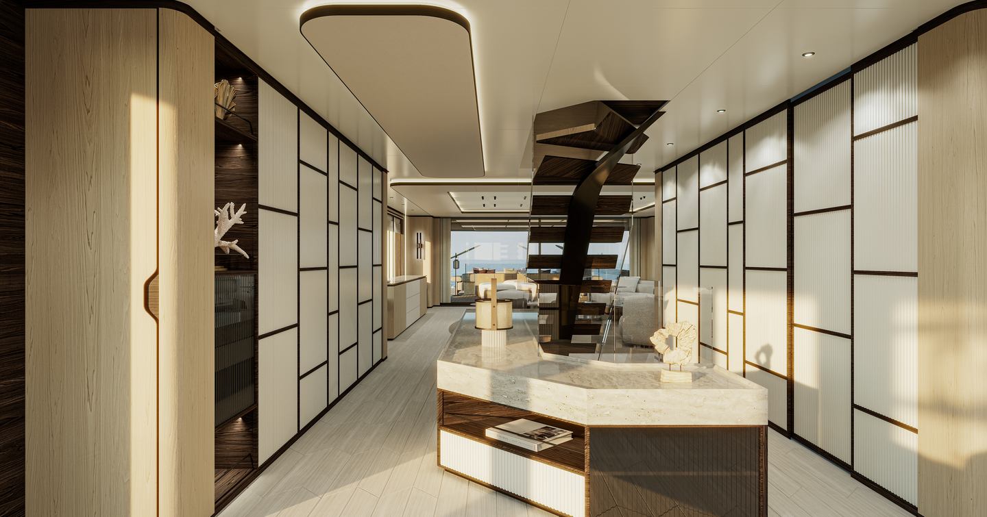 Rendering of interior of motor yacht Extra 145 Global interior