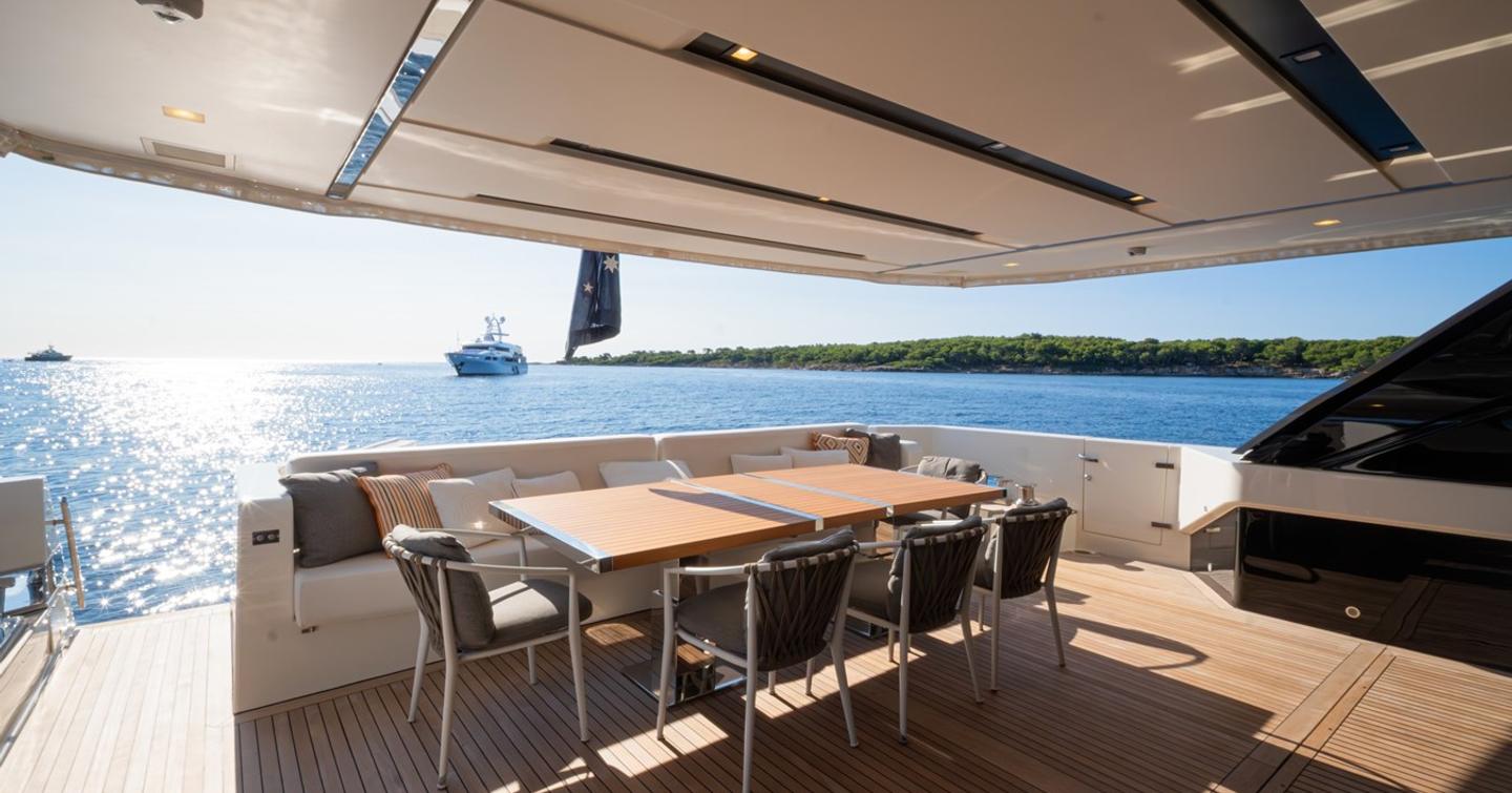 Motor yacht Le Gypsy aft deck with shaded alfresco dining 