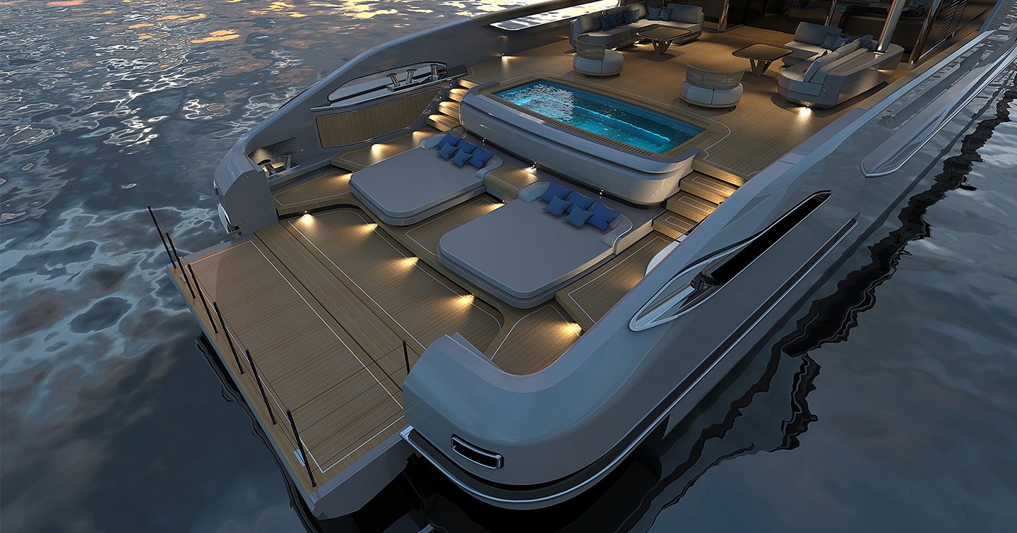 Rendering of Baglietto T52 motor yacht extended beach club with sunpads and infinity pool