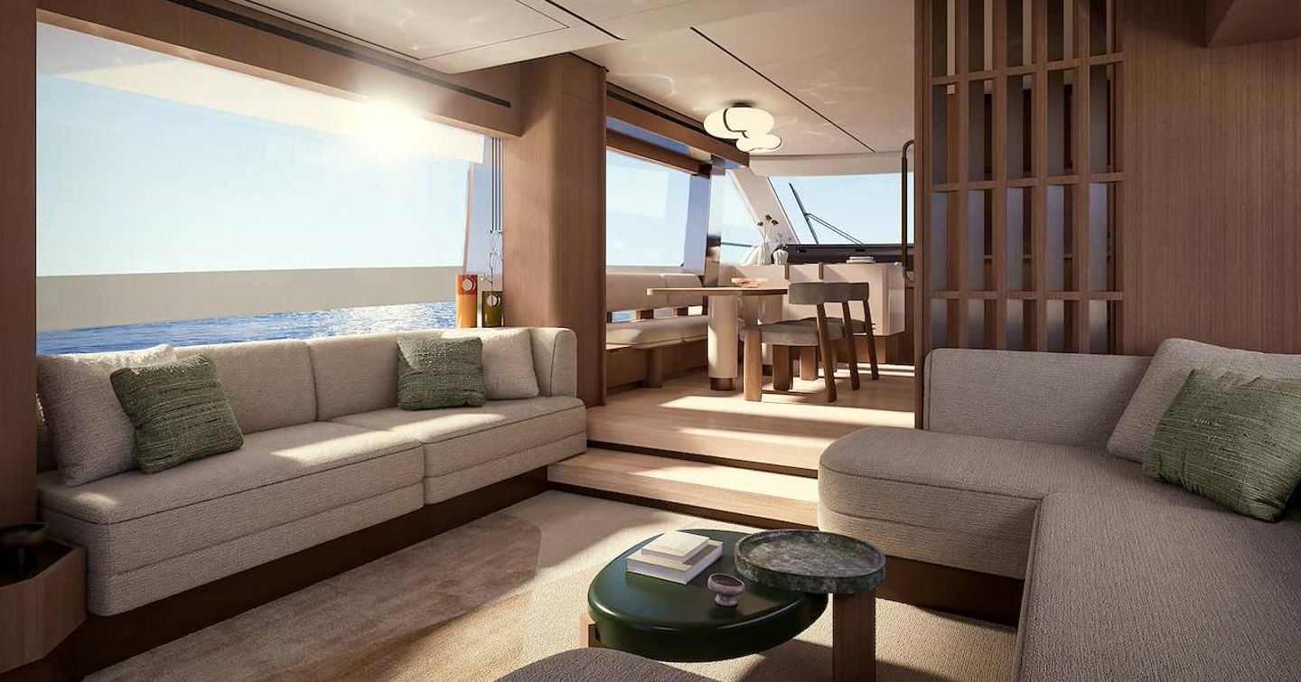 Rendering of Azimut Fly 70 Motor Yacht main saloon with grey seating 
