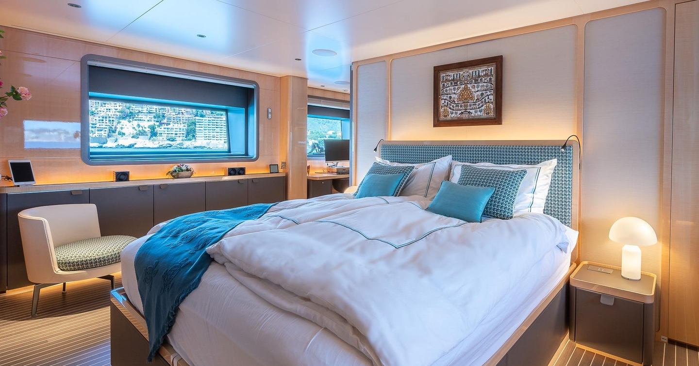 Sanlorenzo motor yacht Kia Ora master cabin with large window 