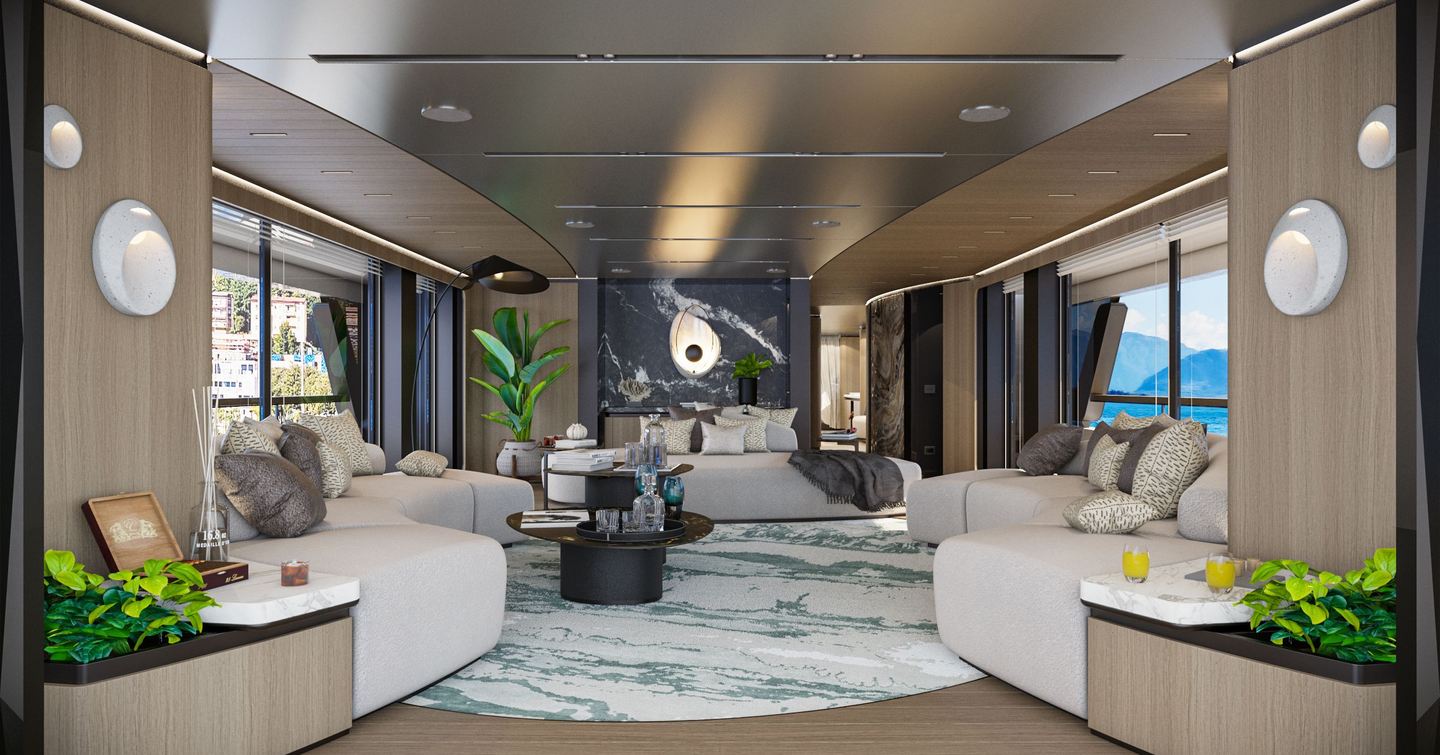 Rendering of Sirena 42M's interior seating with plants and curved sofas