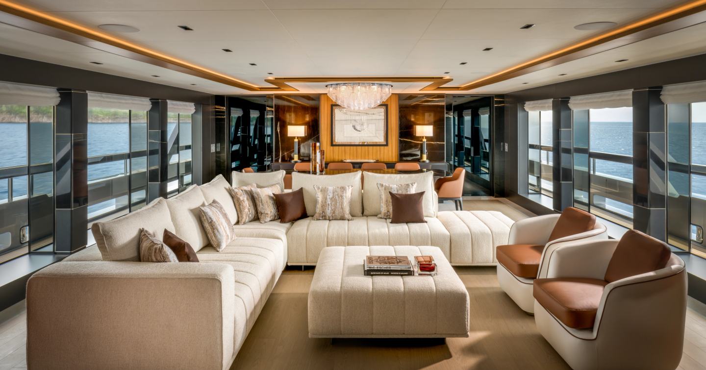 Motor Yacht Sairu main salon with L-shaped sofa 