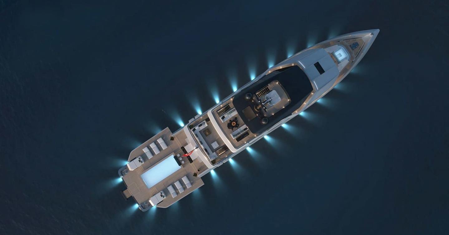 Aerial Rendering of Bering 165 explorer yacht at night with underwater LED lights