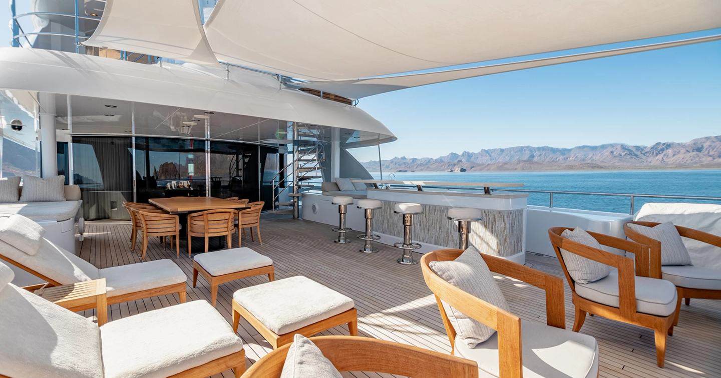 Superyacht Rochade sundeck with bar area and shaded seating