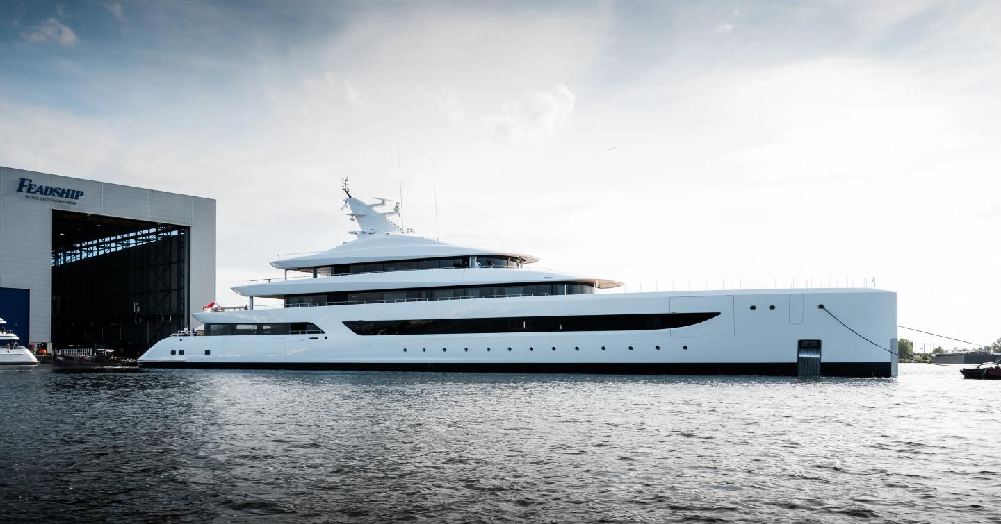 Superyacht Milky Way docked outside Feadship shipyard 