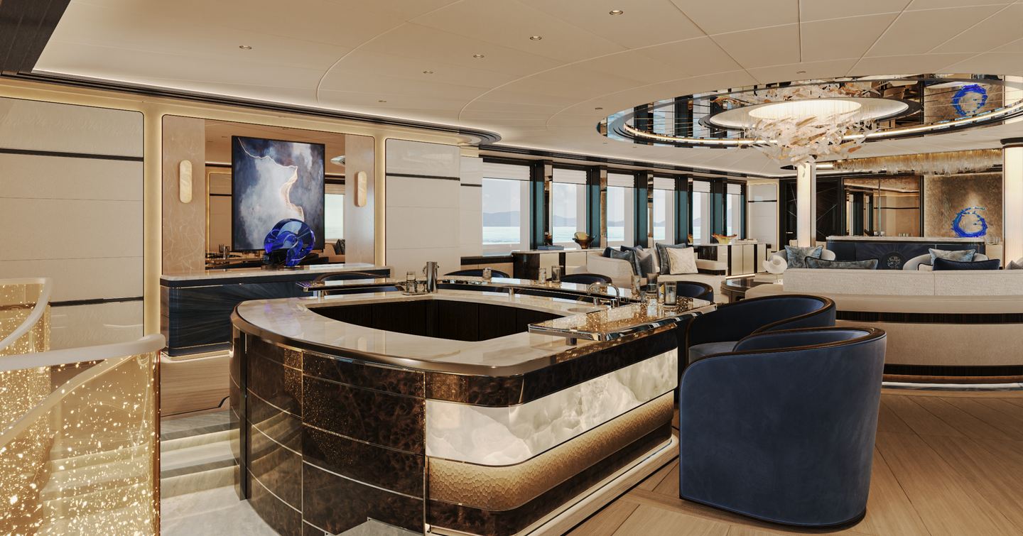 Rendering of Bilgin Superyacht Project Bond bar area with marbled countertops and abstract artwork