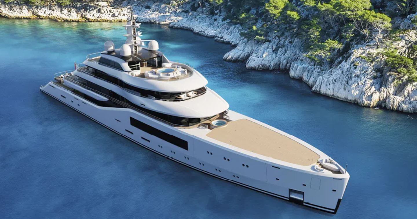 Rendering of Amels 80 superyacht from above, surrounded by cove.