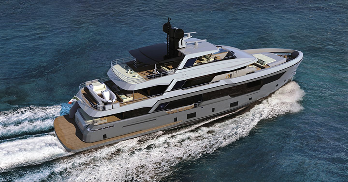 rendering of the EXP yacht underway with grey hull and silver superstructure