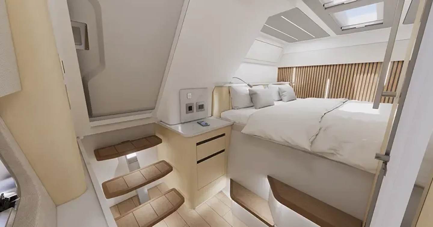 Aquila 45 Sport Catamaran light filled cabin with skylight and LED strips