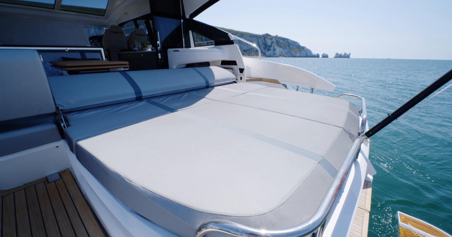 Aft sunpad on the Fairline Targa 47 GT above the tender garage