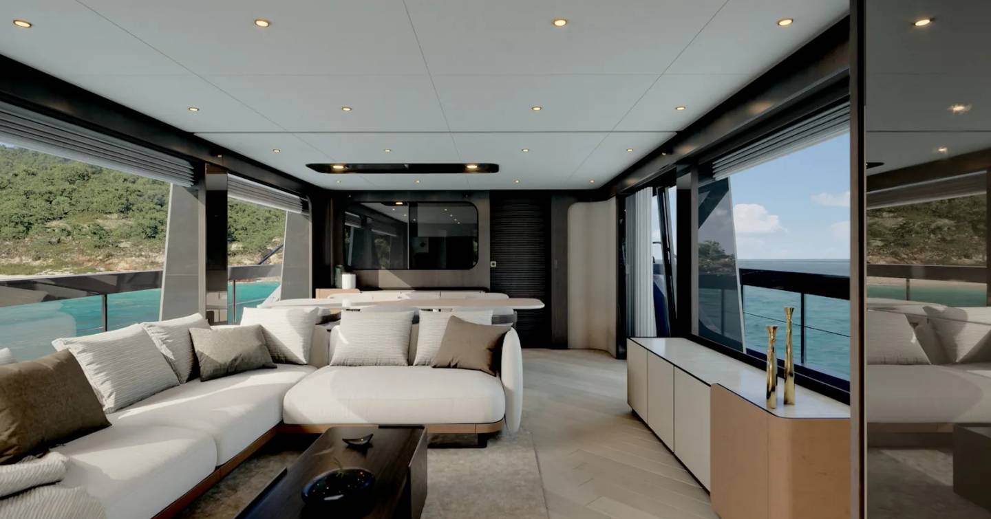 First Ferretti 800 motor yacht main saloon with L-shaped seating 