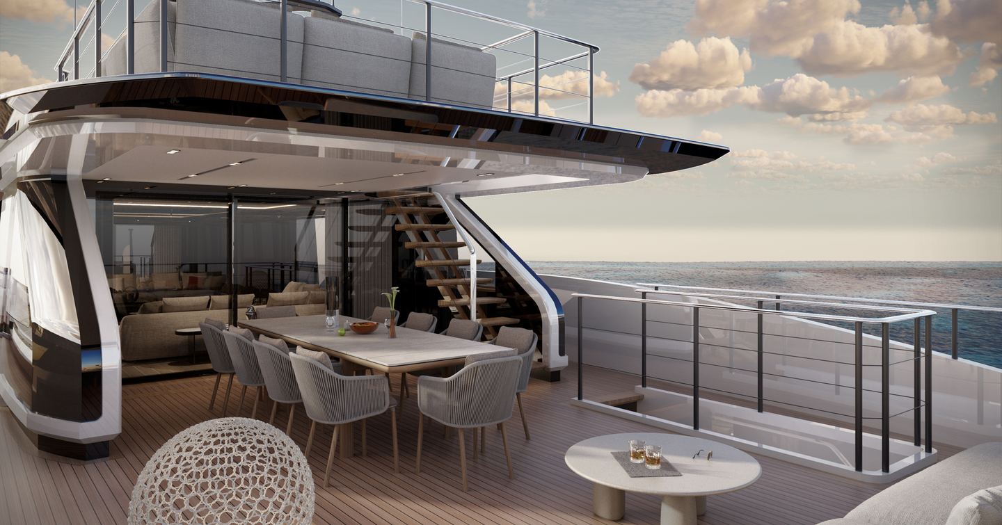 Rendering of the Custom Line Saetta 128' superyacht main aft deck shaded alfresco dining