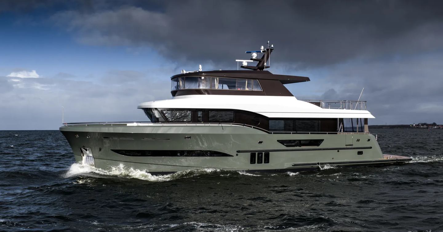 Second Steeler Ocean Explorer 85 motor yacht Moss under way on sea trials
