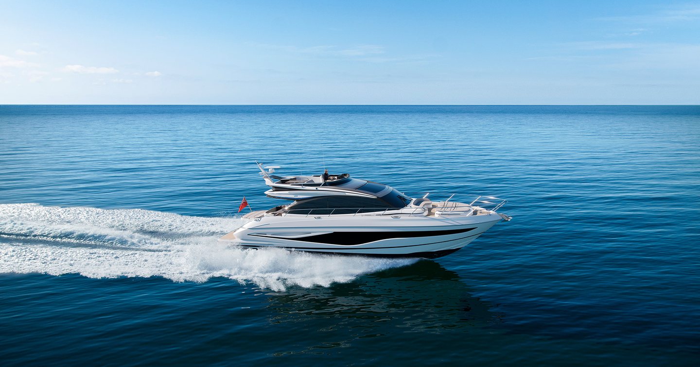 Princess S65 Mk2 sportsbridge yacht underway at speed, starboard profile at sea