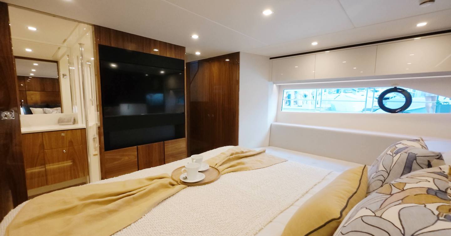 Riviera 5600 Sport Platinum Edition owner's cabin with ensuite entrance