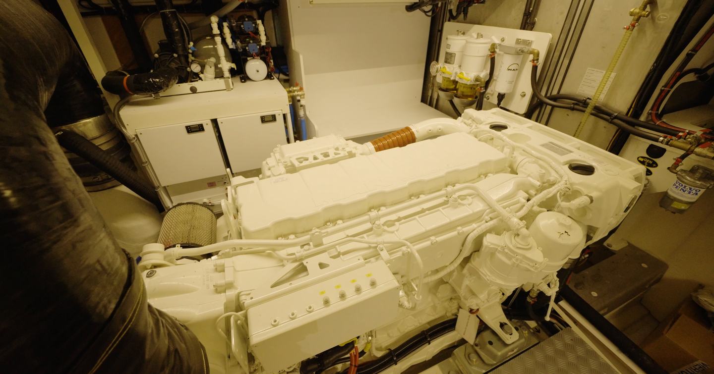 Beneteau Grand Trawler 63 engine room with twin MAN i6 diesel engines and excellent machinery access