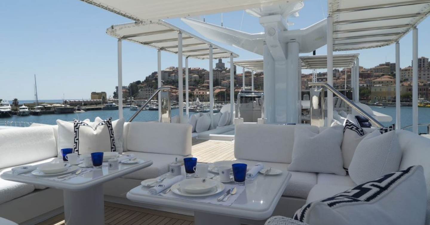 Superyacht Oceana I sundeck with shaded alfreso dining