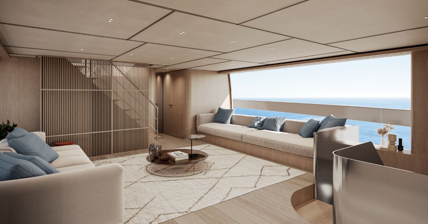 A render of Sanlorenzo SX100/123's interior, with plush seating and large windows