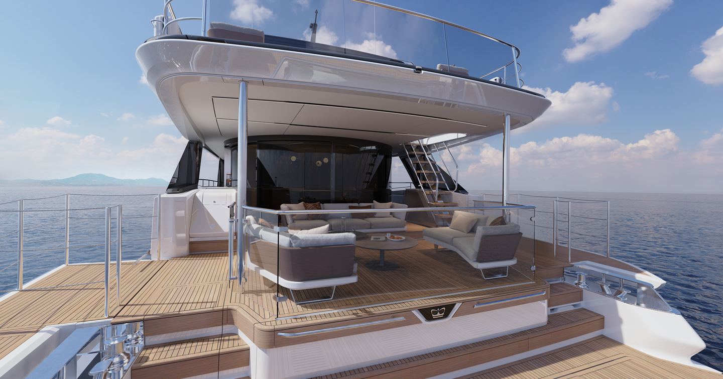 Fold-down transom on motor yacht X90 with panoramic sea views 