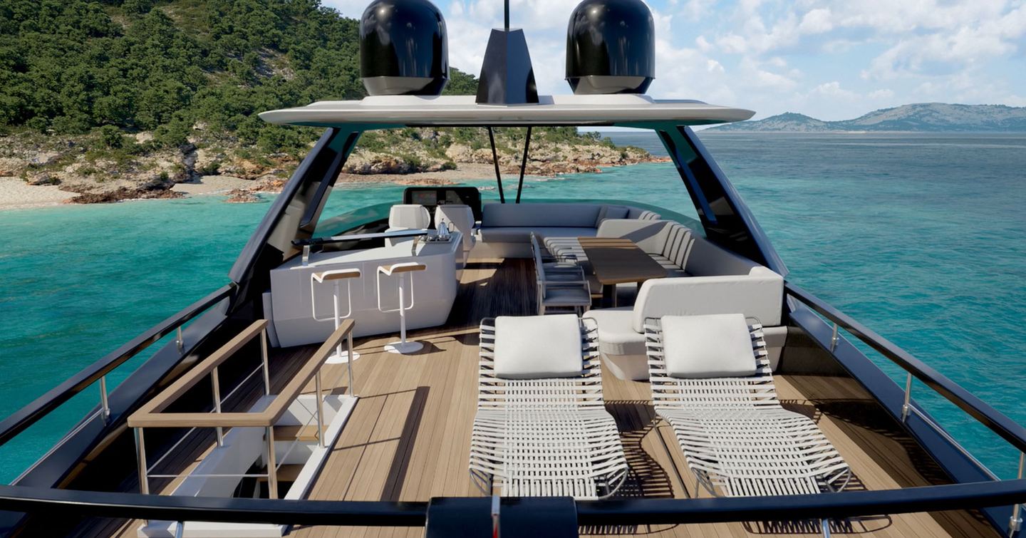Flybridge on motor yacht Ferretti 800 with sunbeds, bar and dining area 