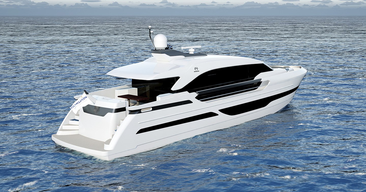 Aft view rendering of the new Horizon E88 Mk2 sport yacht, surrounded by sea.