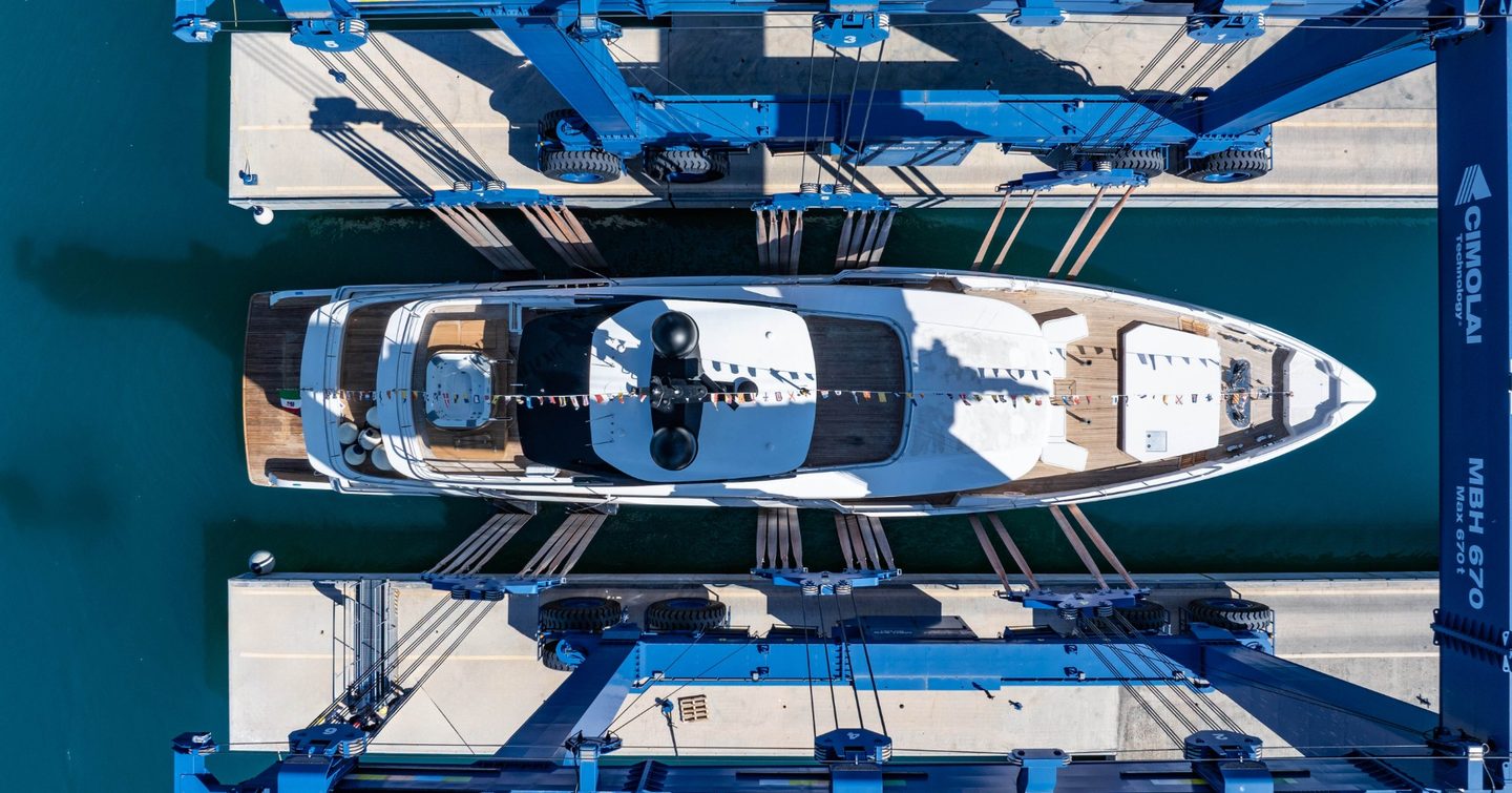 Aerial view of Third Custom Line Navetta 38 Motor Yacht at launch