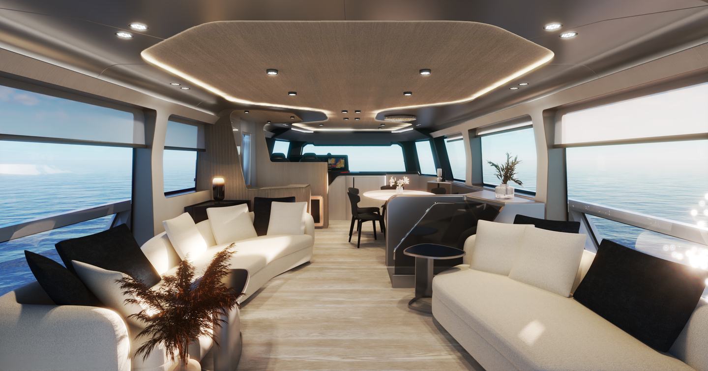 Rendering of Canados Heritage 67 Catamaran saloon with overhead LEDs and curved white seating