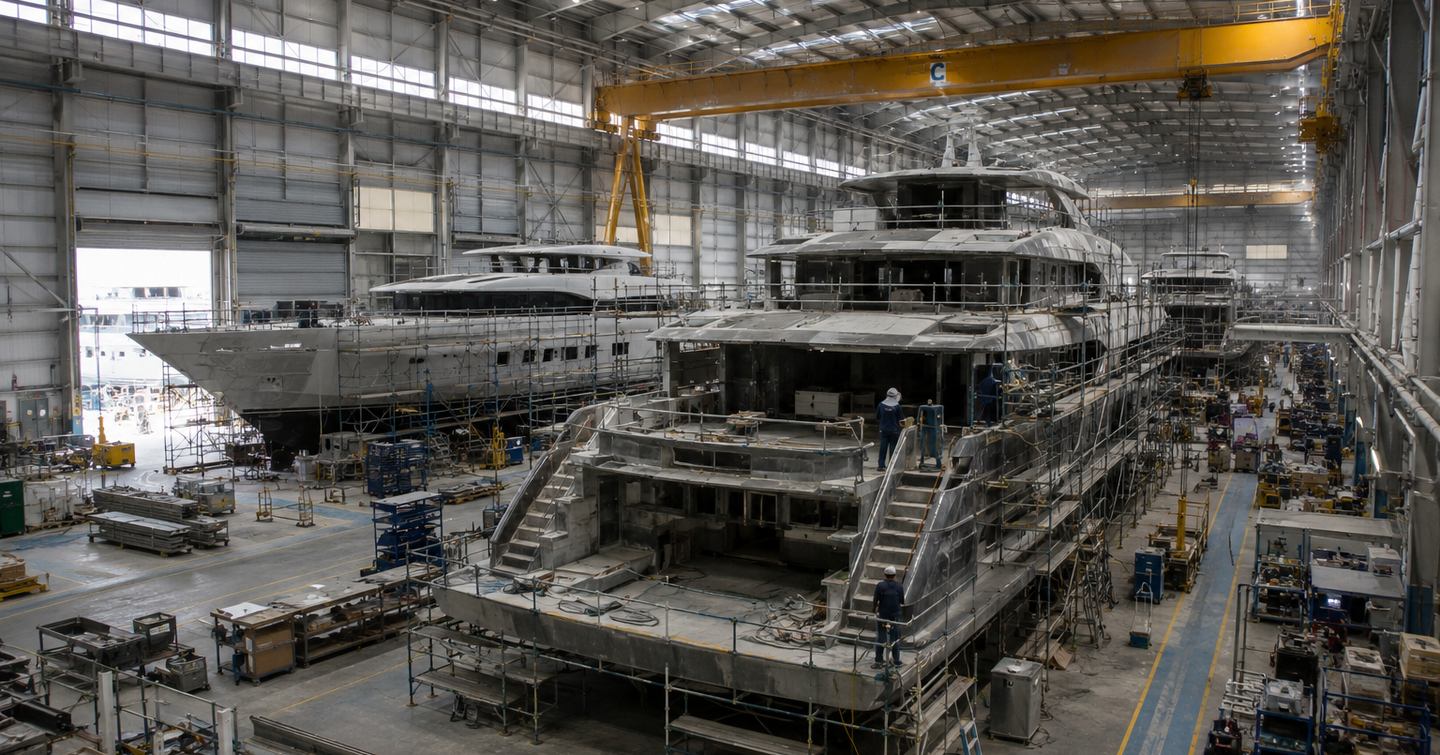 Shipyard construction hall with two vessels being built 