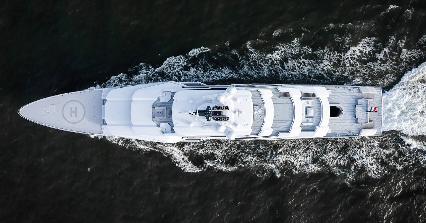 Aerial view of Oceanco superyacht Leviathan under way 
