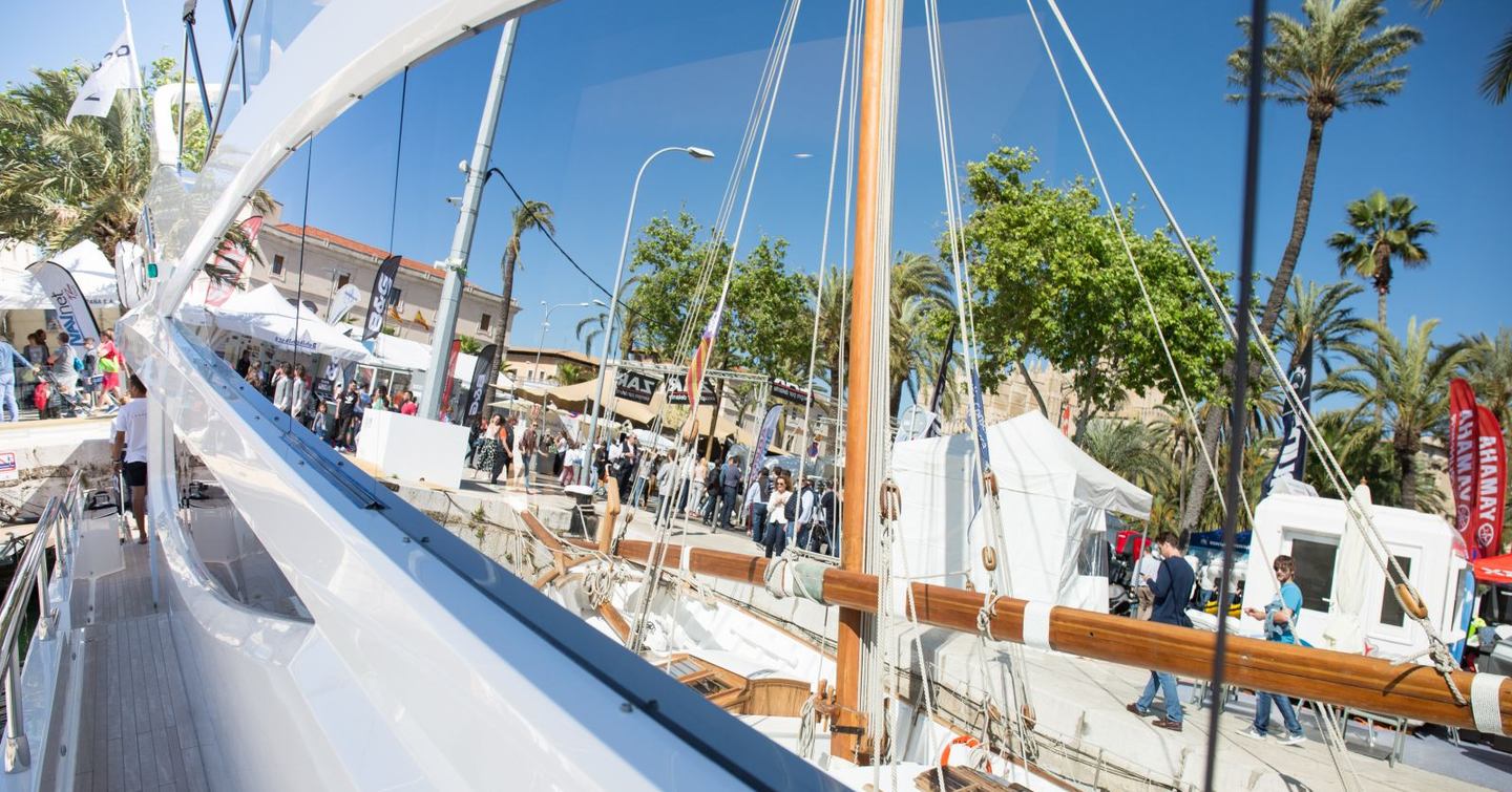 Close up view of a sailing yacht at the Palma International Boat Show