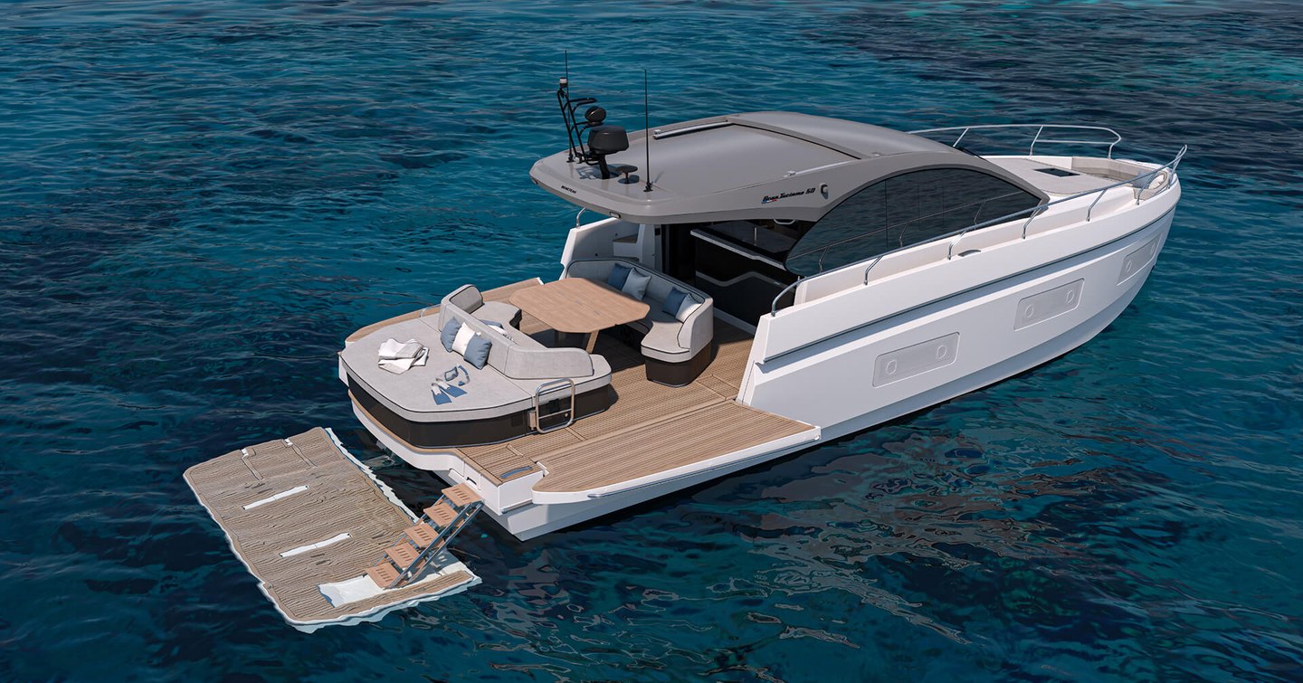 Rendering of Beneteau Gran Turismo 50 boat at anchor with fold down beach club 