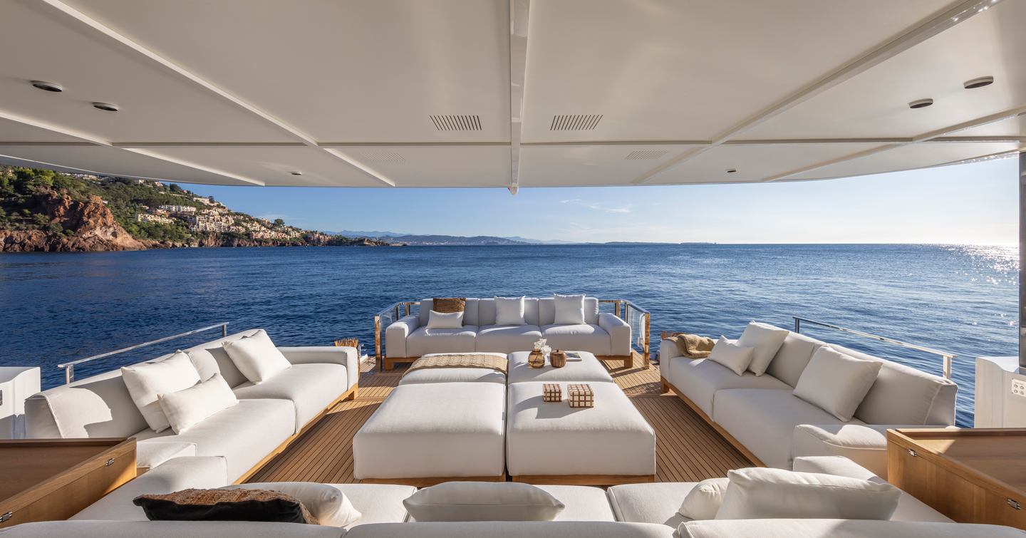 Motor yacht Arcadia A96 shaded outdoor seating area