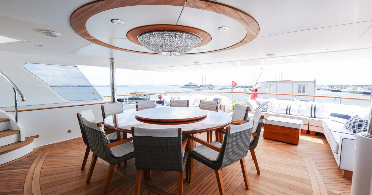 Trinity Superyacht Mirabella upper aft deck with circular table and white seating