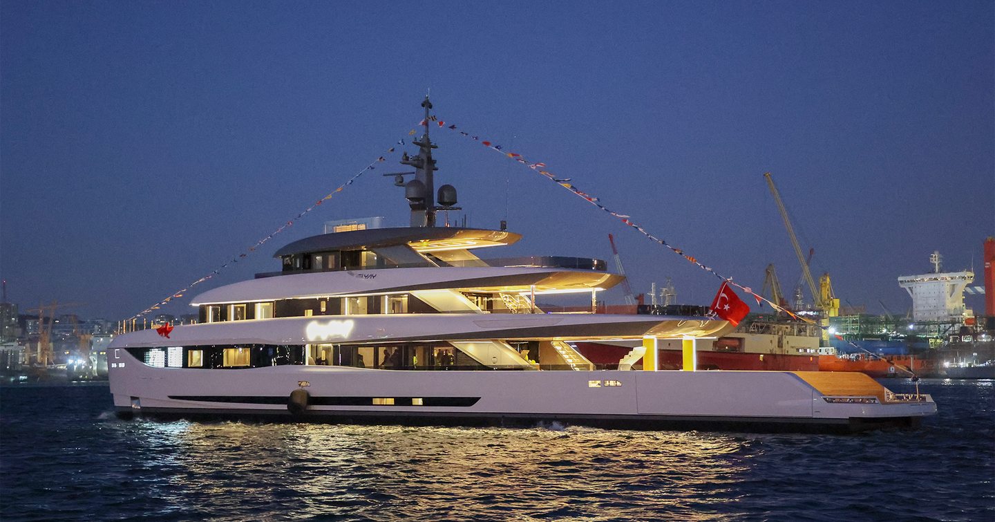 Mengi Yay Vitrus XP Explorer Yacht Gray Wolf at launch at night 