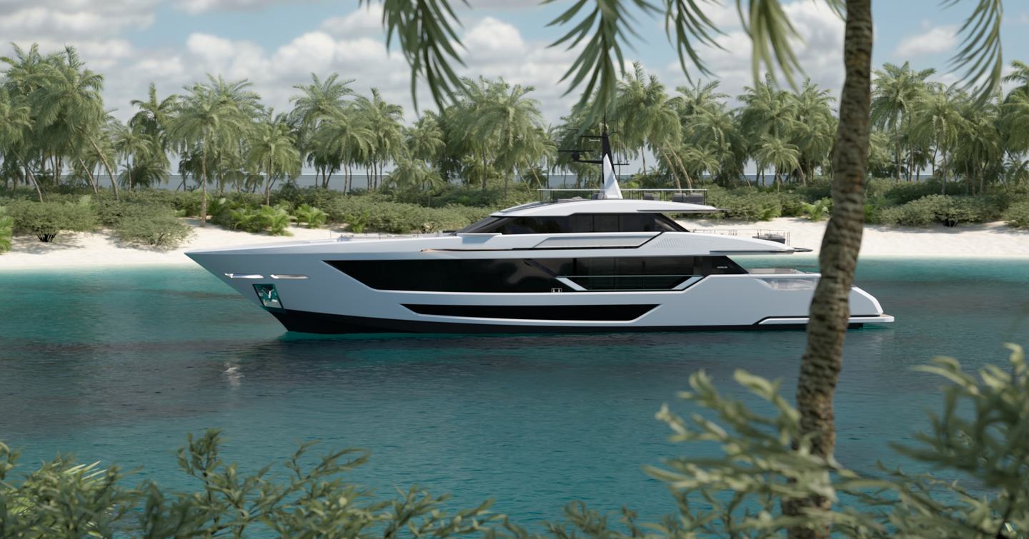 Rendering of the Custom Line Saetta 128' superyacht at anchor 