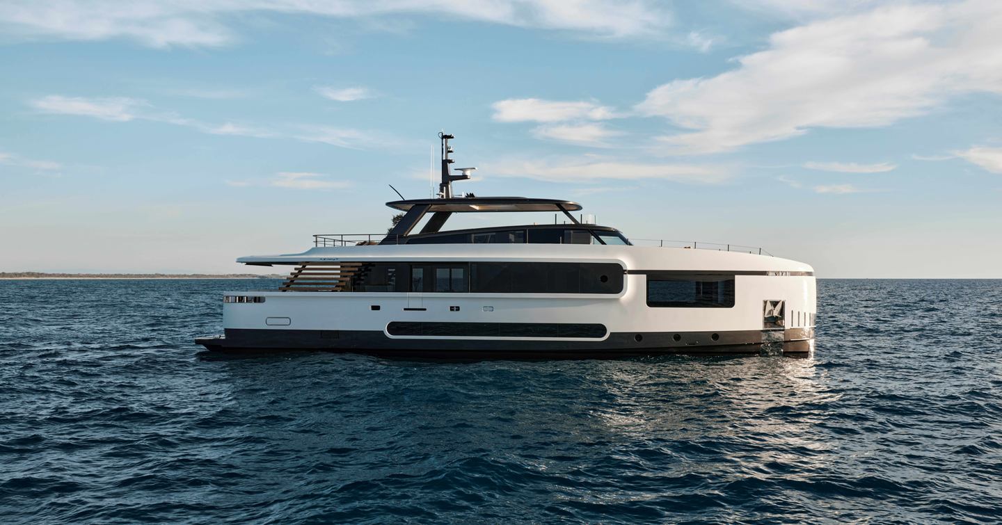 Azimut Magellano 27M yacht at anchor side view 