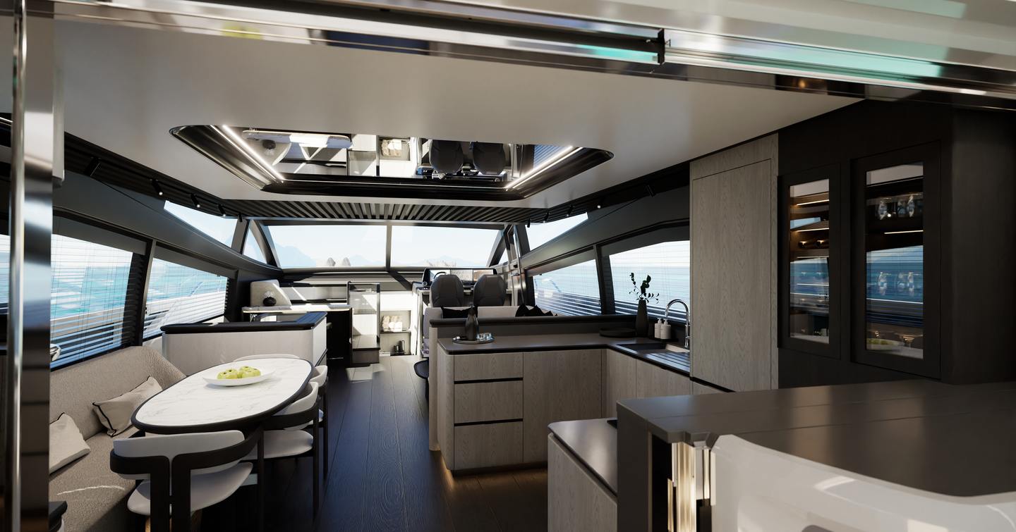 Rendering of Pearl 73 motor yacht saloon with aft galley and neutral palette