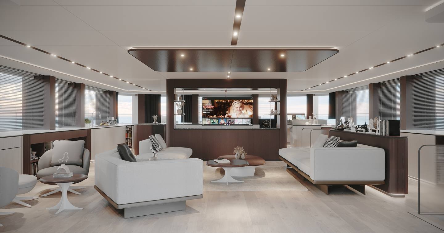 Rendering of VisionF 101 catamaran main saloon with TV and cream furniture