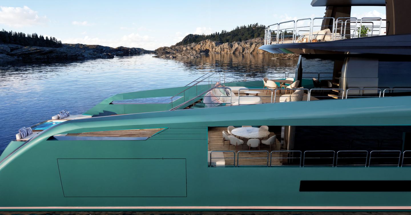 Rendering of Antonini Navi SUY110 crossover yacht starboard side 