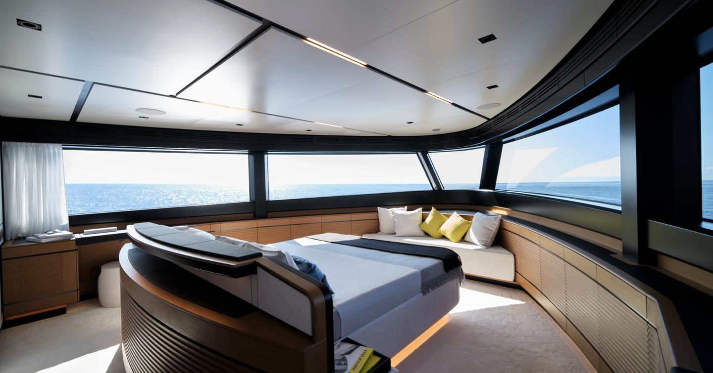 Wally wallywhy200 motor yacht master cabin in bow with wraparound glass and forward seating area