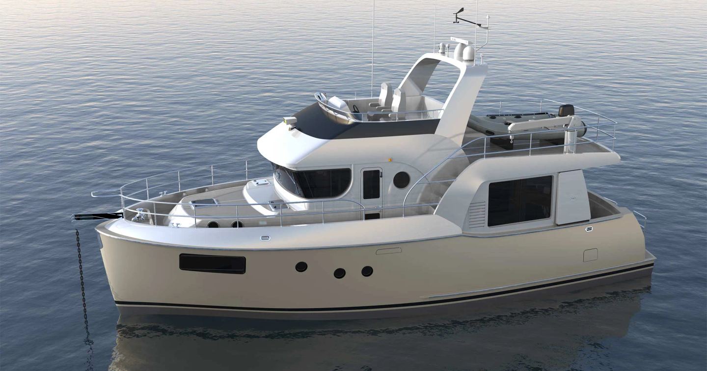 Rendering of Next-Gen Nordhavn 46 Motor Yacht at anchor 